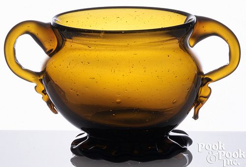 BLOWN OLIVE AMBER GLASS OPEN SUGAR BOWL,