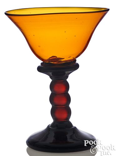 BLOWN AMBER GLASS TALL STAND ON STEMBlown