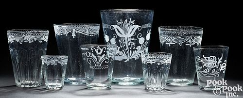 EIGHT ENGRAVED CLEAR GLASS TUMBLERS 2faf257