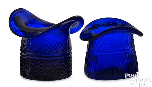 TWO BLOWN THREE-MOLD COBALT GLASS HATSTwo