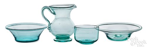 FOUR FREE BLOWN AQUAMARINE GLASS TABLEWARESFour