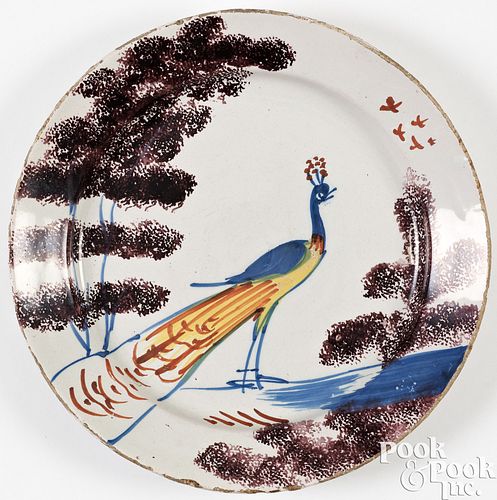 ENGLISH DELFTWARE FARMYARD PEACOCK PLATE,