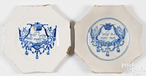 TWO ENGLISH DELFTWARE MERRY MAN PLATES,