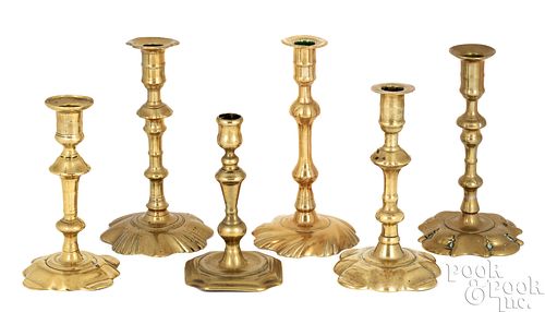 SIX ENGLISH QUEEN ANNE BRASS CANDLESTICKSSix