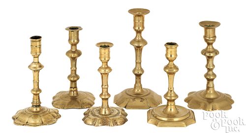 SIX ENGLISH QUEEN ANNE BRASS CANDLESTICKS,