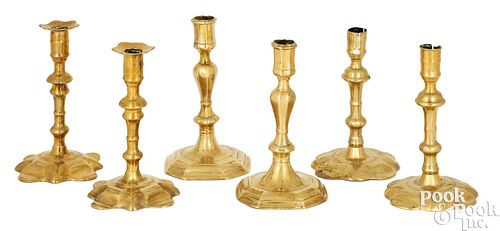 THREE PAIRS OF ENGLISH BRASS CANDLESTICKSThree