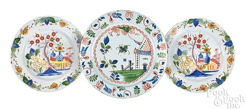 THREE DUTCH DELFTWARE POLYCHROME CHARGERS,