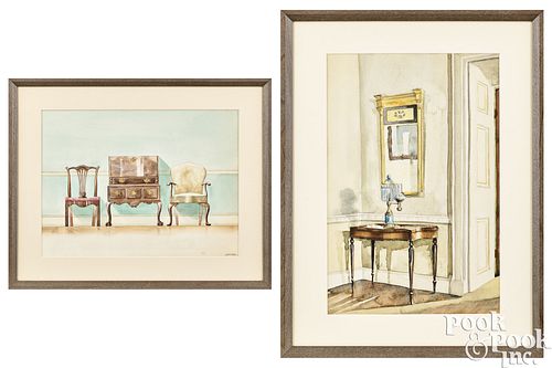 PHILIP JAMISON JR., TWO WATERCOLOR INTERIOR