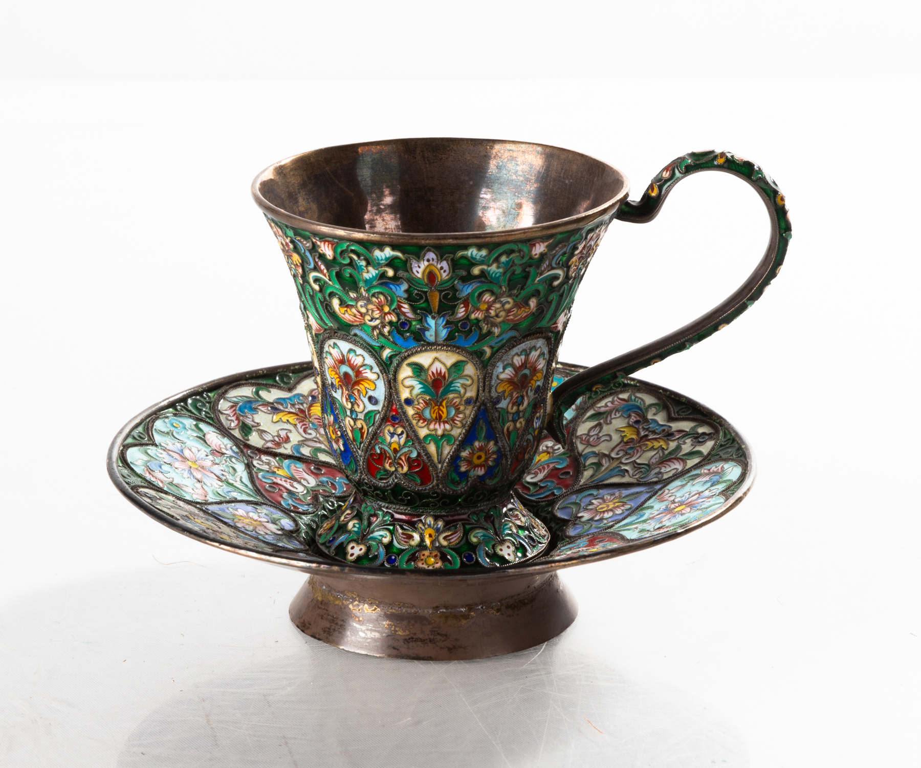 RUSSIAN SILVER AND ENAMEL CUP AND SAUCER