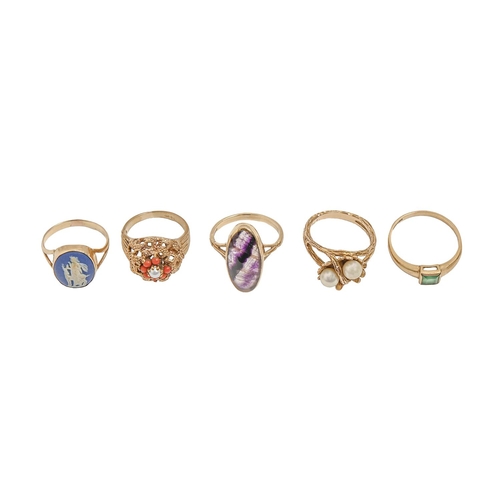 Five gold rings,  variously gem set,