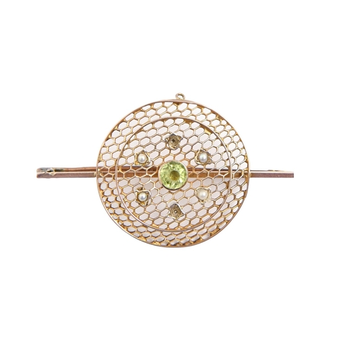 A peridot and split pearl brooch, in