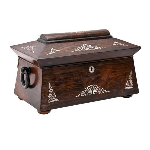 A rosewood sarcophagus shaped tea caddy,