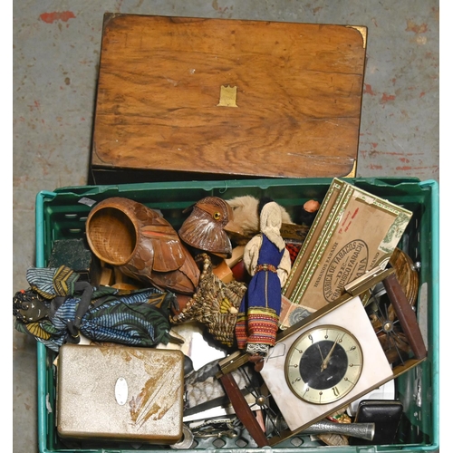 A Victorian walnut writing box, dolls,