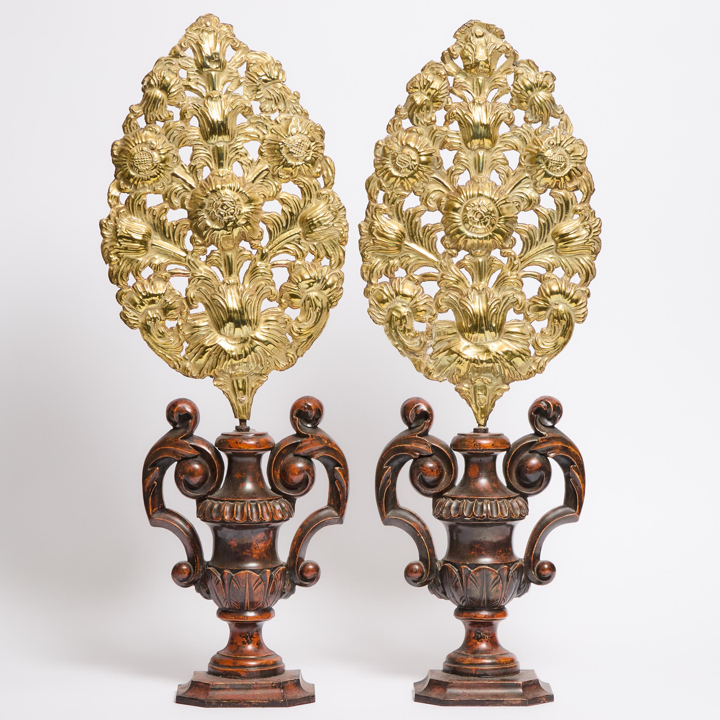 Pair of Italian Pressed Brass and Carved