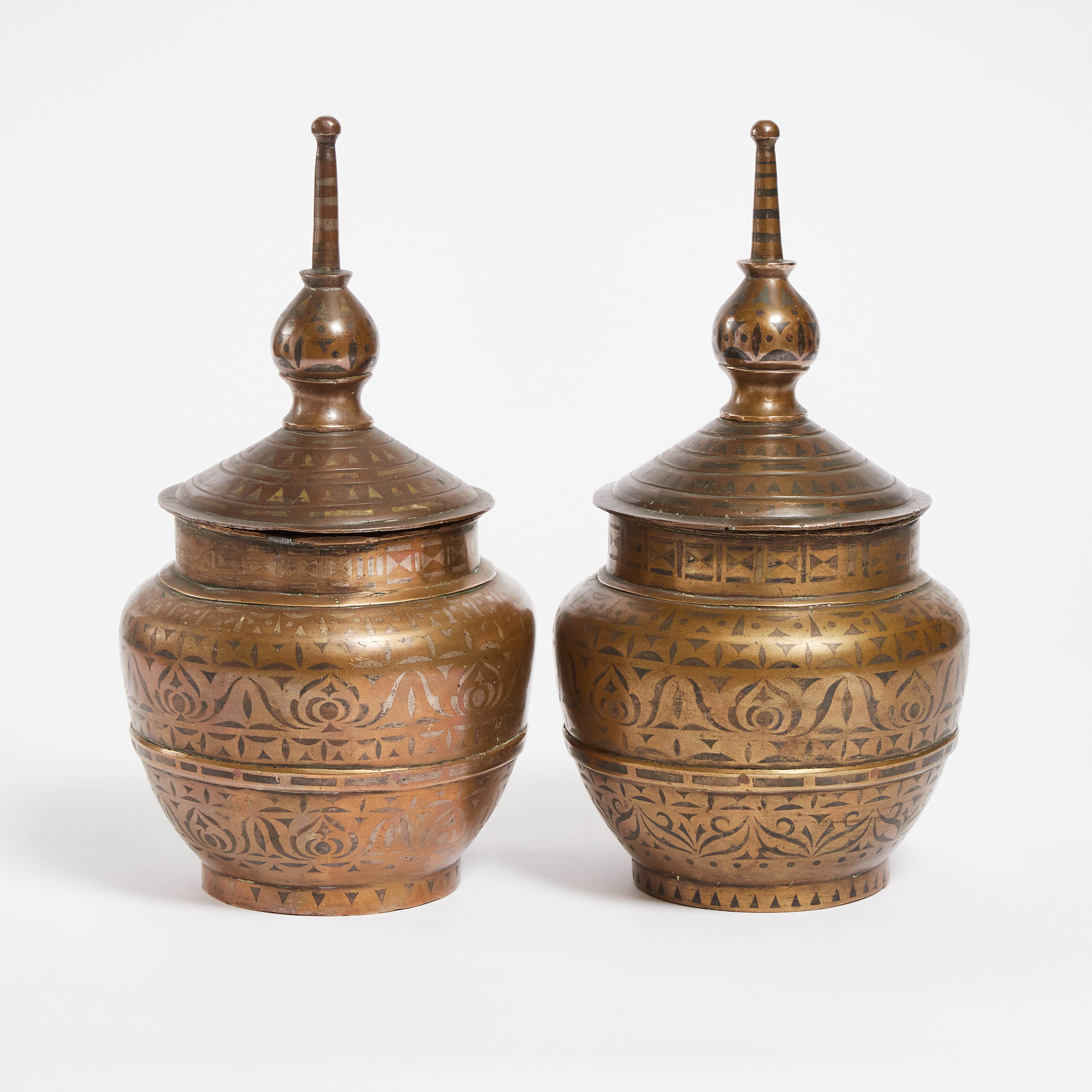 Pair of Filipino Silver Inlaid Brass