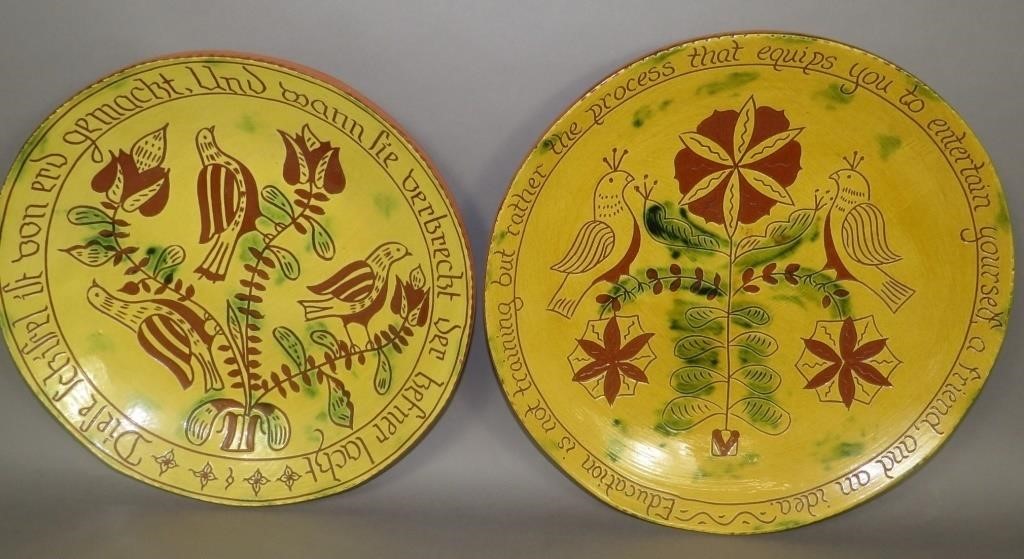 2 SGRAFFITO DECORATED REDWARE CHARGERS 2fb0d6a