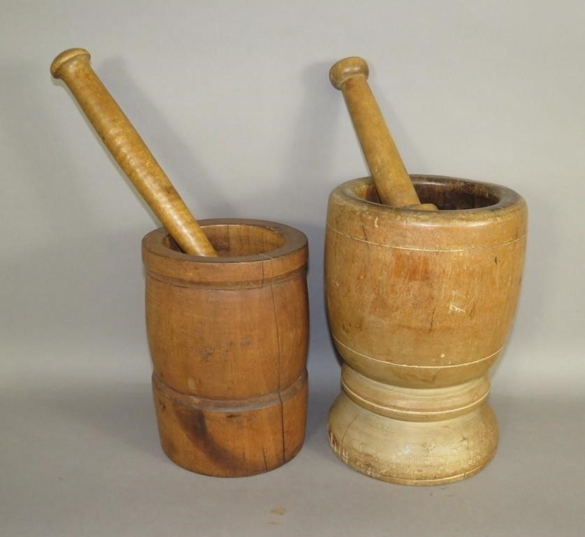 2 TURNED PAD FOOTED WOODEN MORTARS 2fb0d73