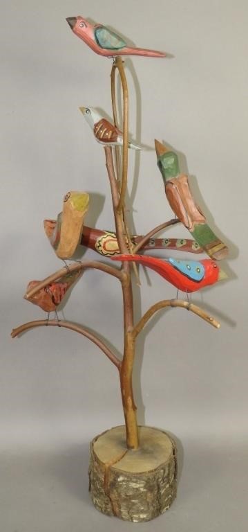 7 BIRD FOLK ART CARVED BIRD TREE 2fb0dcf