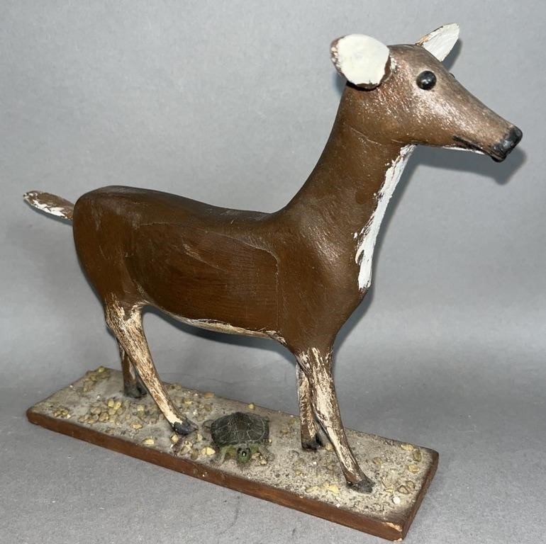 FOLK ART CARVED DOE ON WOODEN 2fb10bf