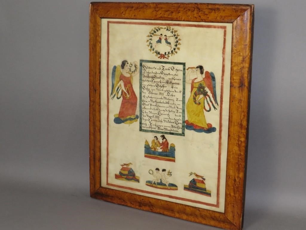 FRAMED INK & WATERCOLOR FRAKTUR BIRTH