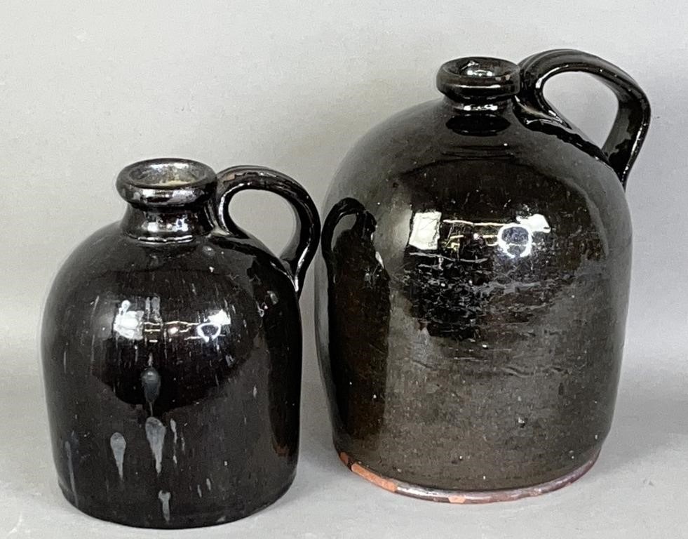 2 PA MANGANESE GLAZED REDWARE CYLINDRICAL