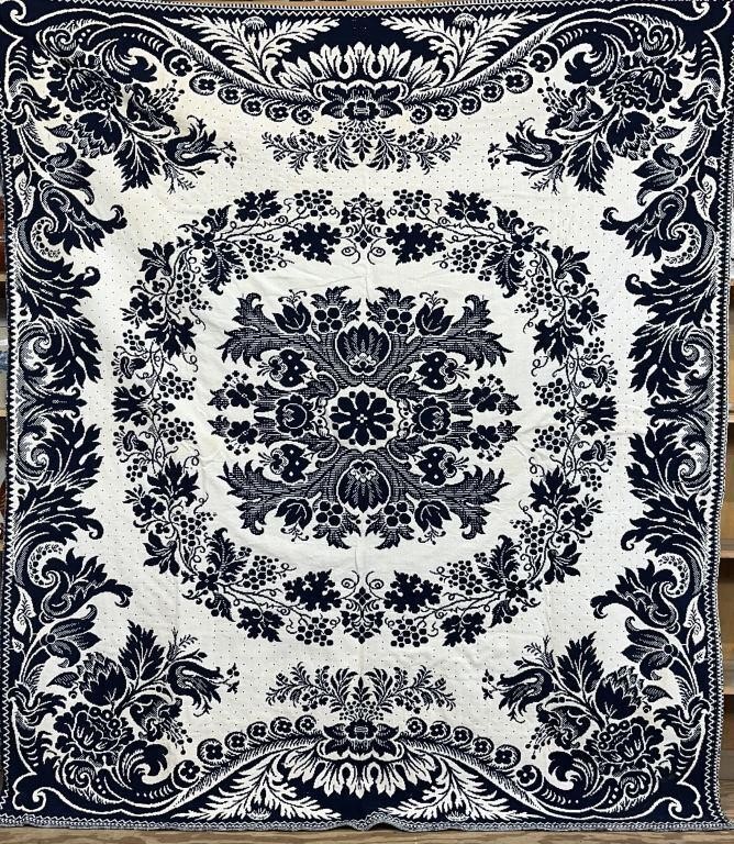 BLUE & WHITE DOUBLE WEAVE JACQUARD COVERLET