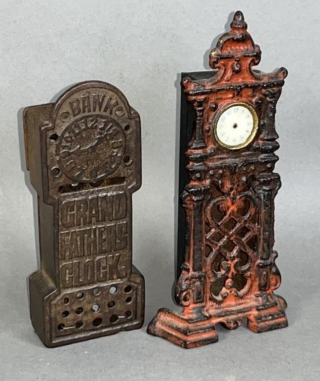 2 TALLCASE SHAPED CLOCK BANKS CA. LATE