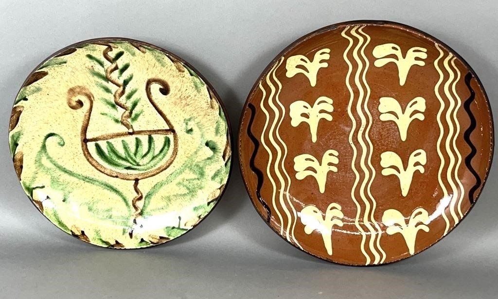 2 FOLK ART REDWARE SLIP DECORATED CHARGERS