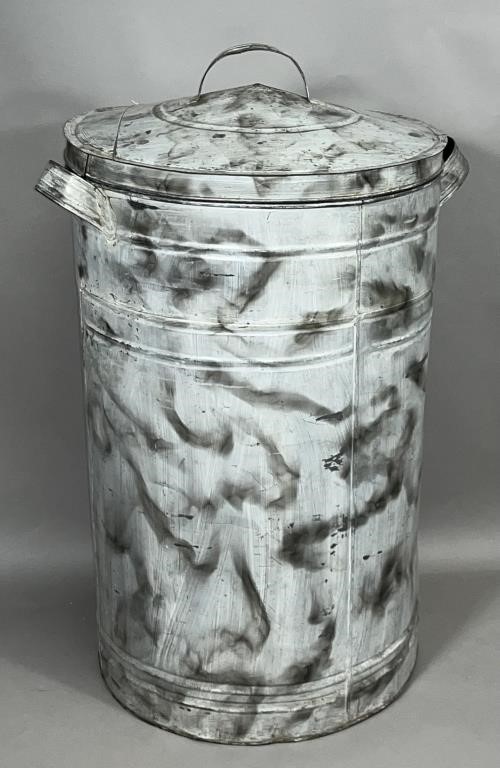 LARGE SMOKE DECORATED STORAGE TIN CA.