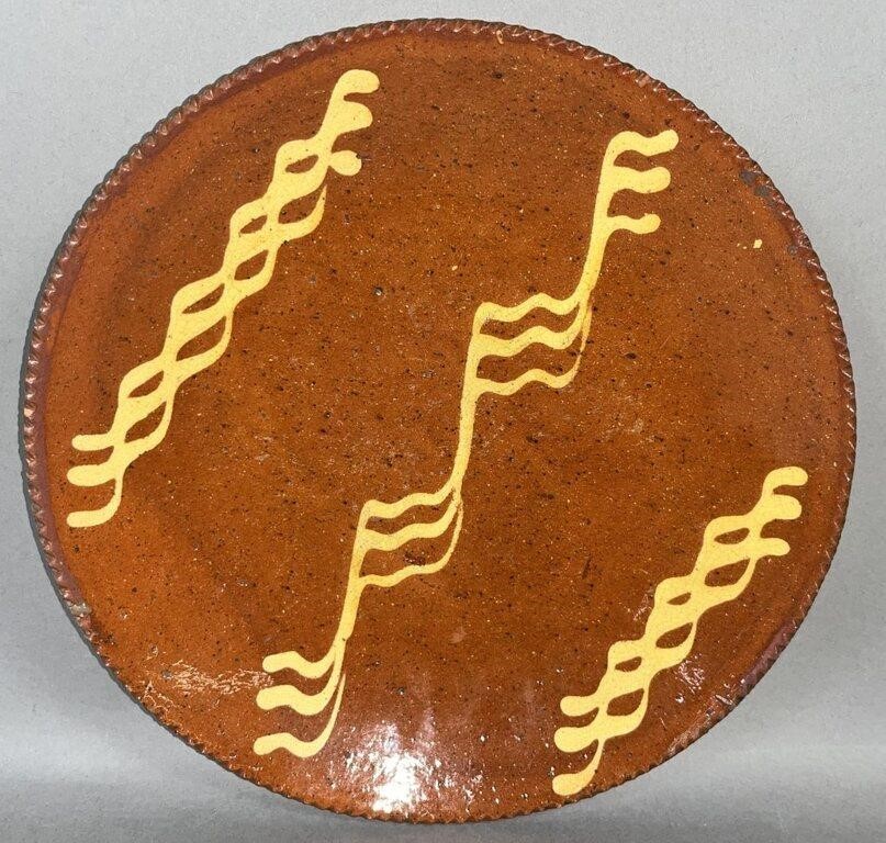 PA SLIPWARE PLATE CA. 1860; THREE QUILL