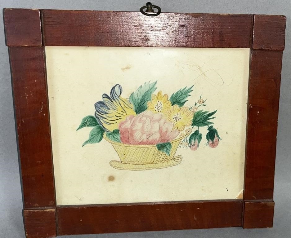 FRAMED WATERCOLOR FRAKTUR BASKET 2fb1235