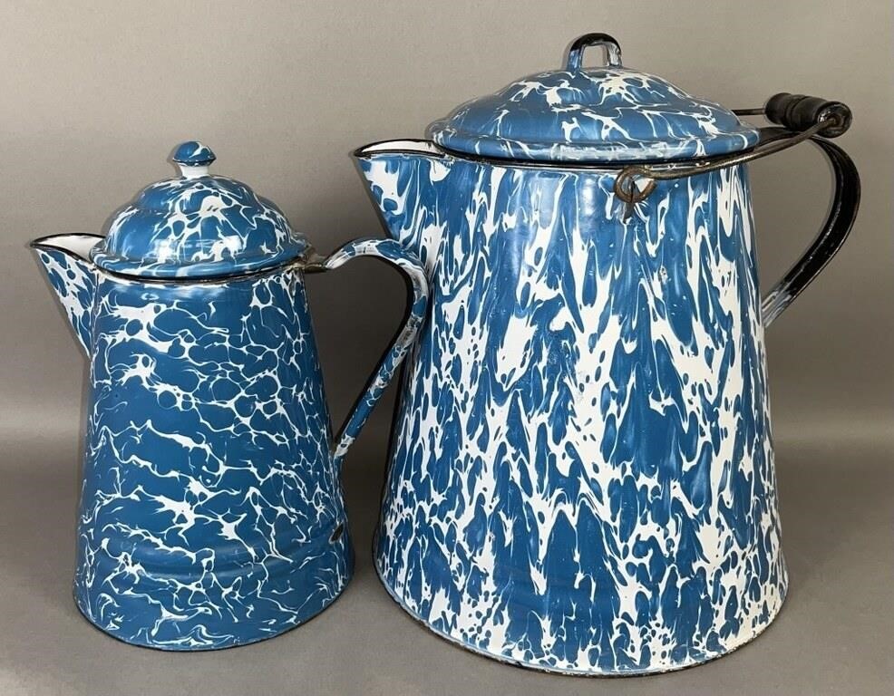 2 BLUE AGATE COFFEE POTS CA 1870 1920  2fb12e3