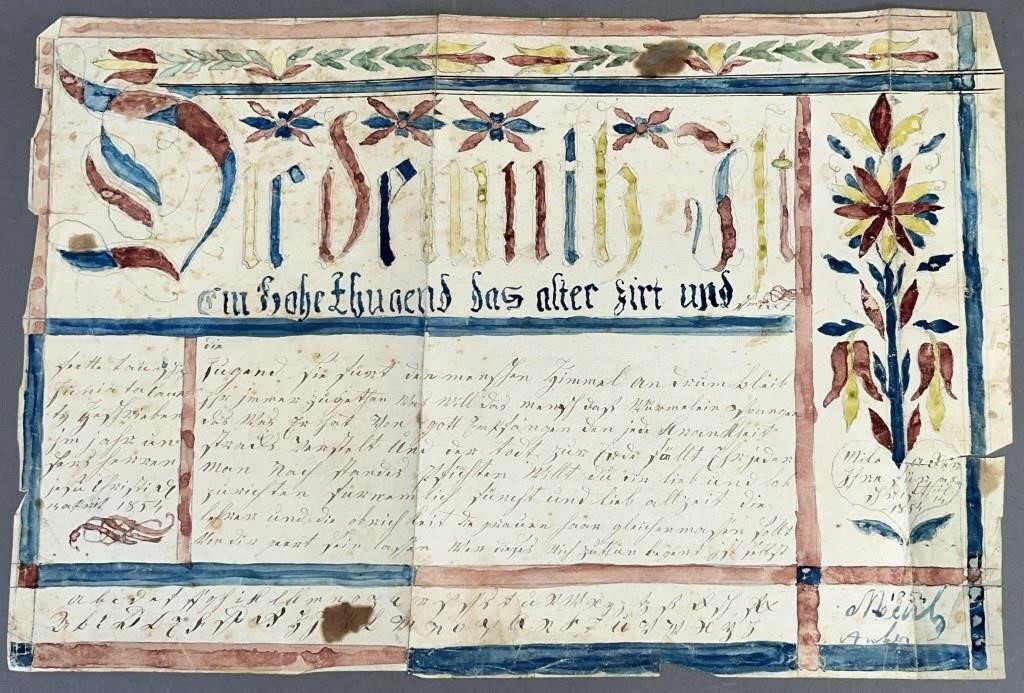 UNFRAMED FRAKTUR VORSCHRIFFT INK & WATERCOLOR