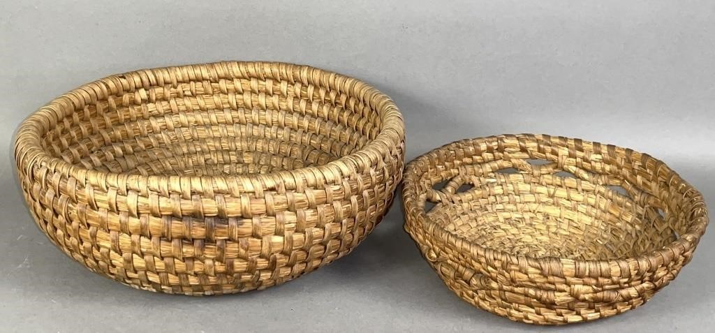 2 COILED RYE STRAW BASKETS CA. EARLY