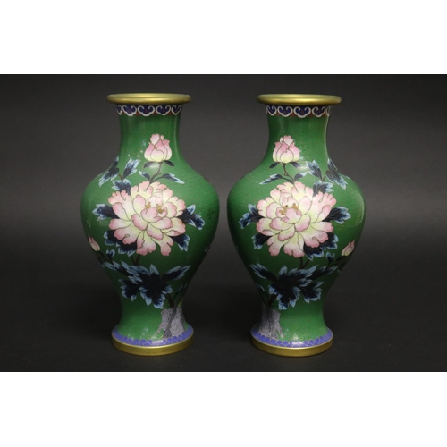 Pair of green enamel cloisonné vases,