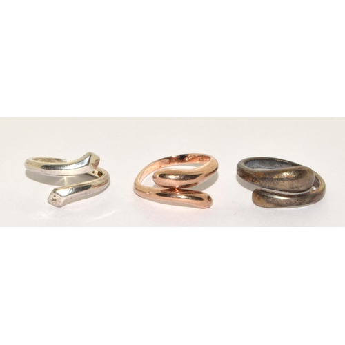 3 x 925 silver and gilt snake rings