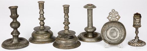 FOUR PEWTER CANDLESTICKS, ETC.Four pewter