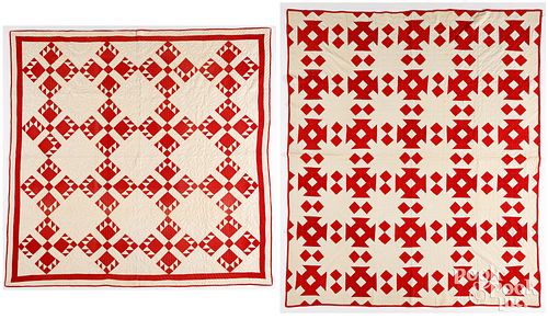 TWO RED AND WHITE PIECED QUILTS  2fb1cd7