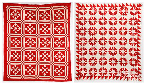 TWO RED AND WHITE PIECED QUILTS  2fb1cdb