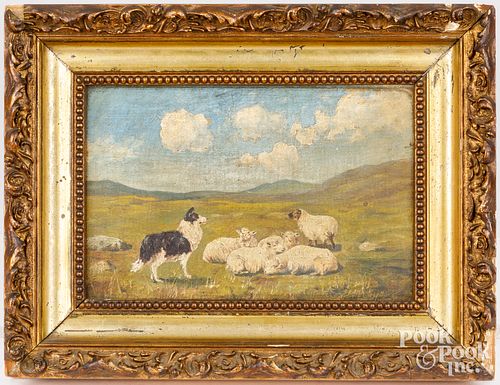 SMALL OIL ON BOARD DOG WITH SHEEP  2fb1d40