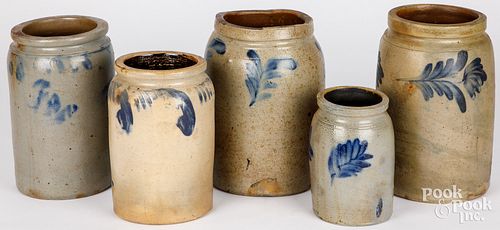 FIVE PENNSYLVANIA STONEWARE CROCKS,