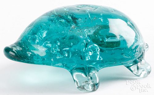 AQUAMARINE GLASS TURTLE WHIMSEY, 19TH