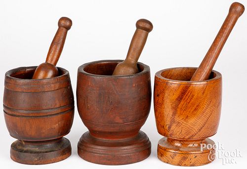 THREE TURNED MORTARS AND PESTLES  2fb1fb2