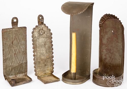 FOUR TIN CANDLE WALL SCONCES 19TH 2fb2057