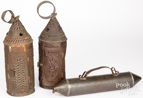 TWO PUNCHED TIN LANTERNS, 19TH C.Two