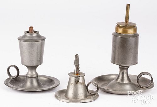 THREE AMERICAN PEWTER WHALE OIL LAMPS,