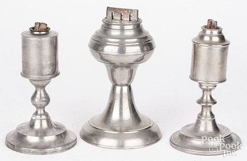 THREE PEWTER OIL LAMPS, ONE BY ROSWELL