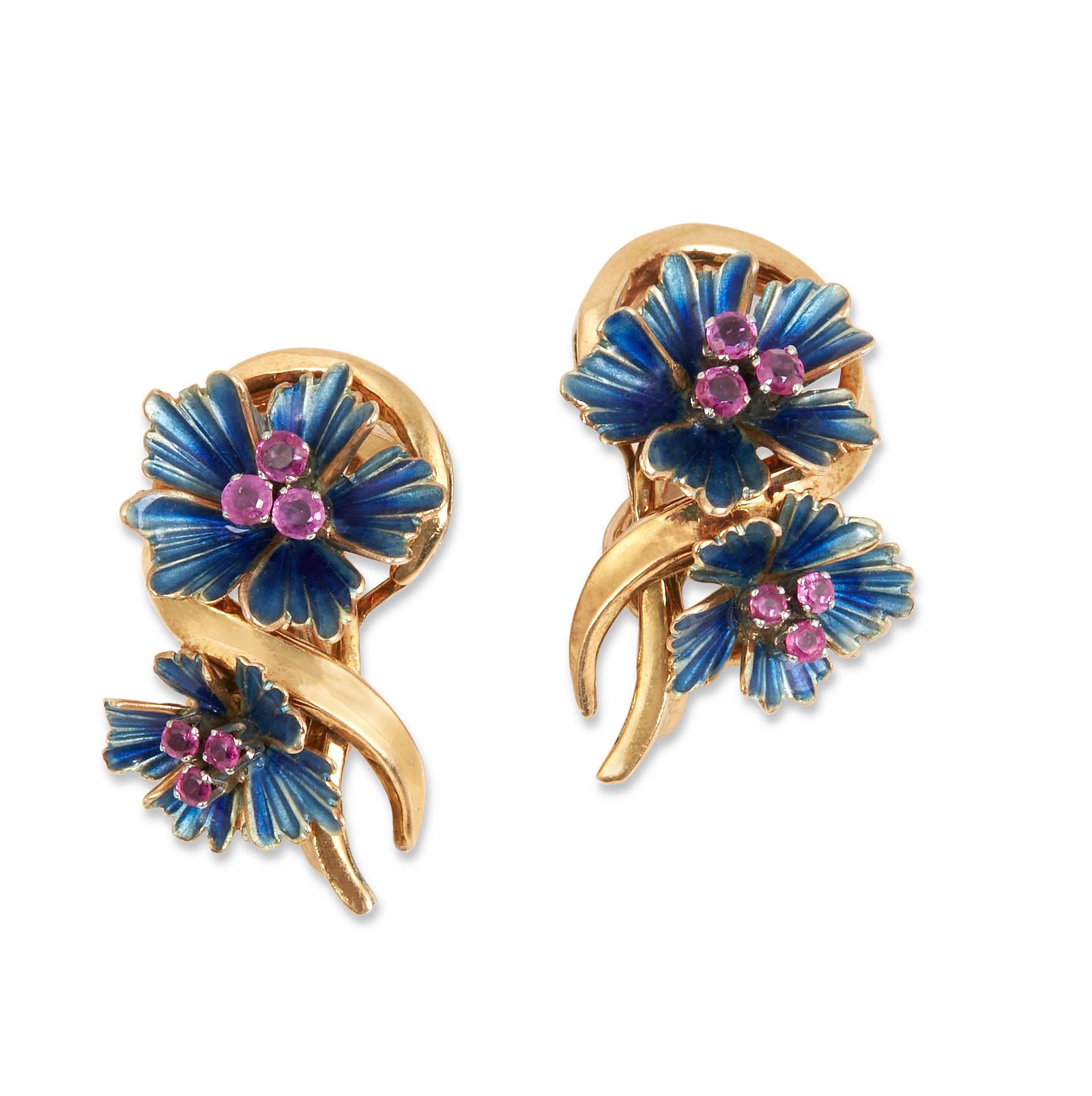 PAIR OF RUBY, ENAMEL & 18K GOLD FLOWER