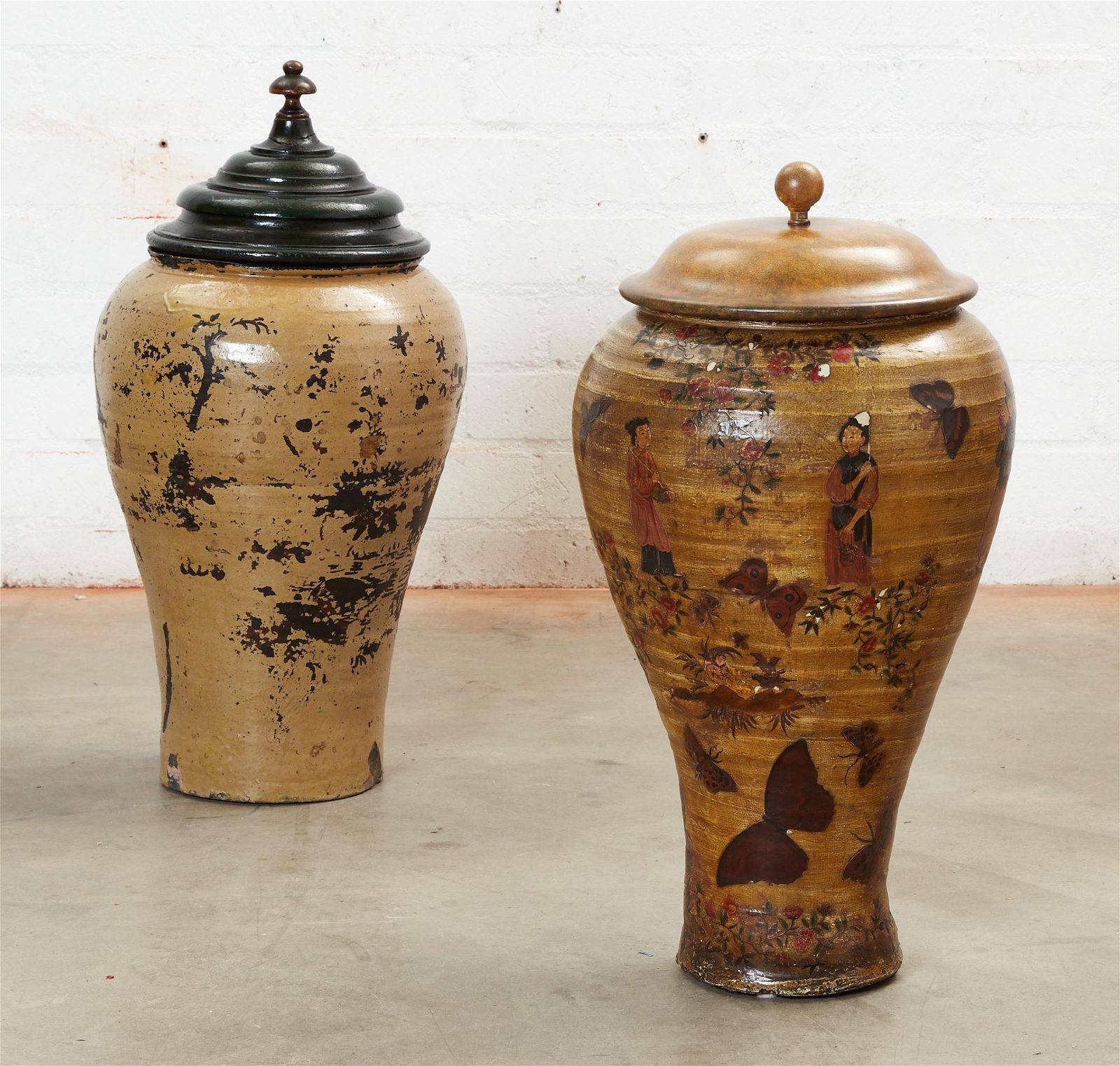 TWO MASSIVE STRAW GLAZED CERAMIC STORAGE