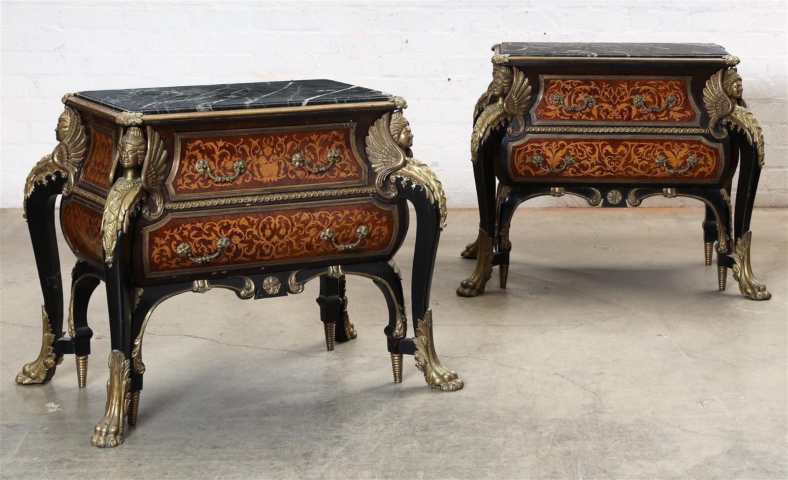 A PAIR OF REGENCE STYLE MARQUETRY COMMODESA